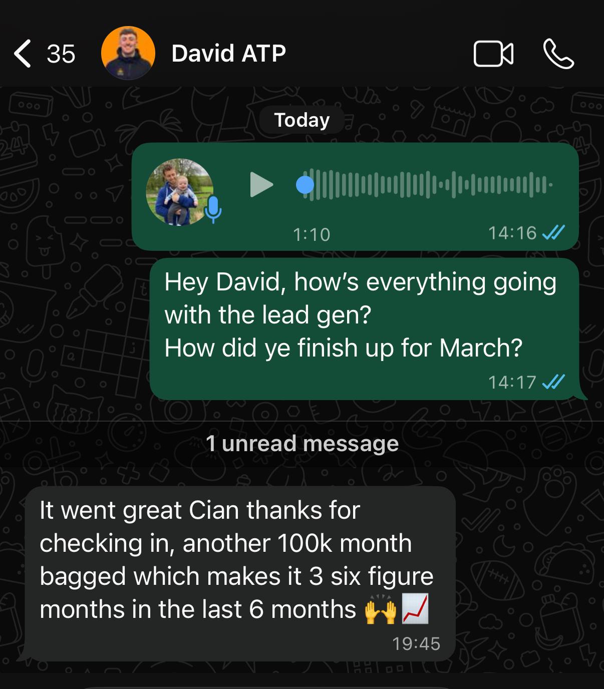 WhatsApp message from David confirming another 100k month