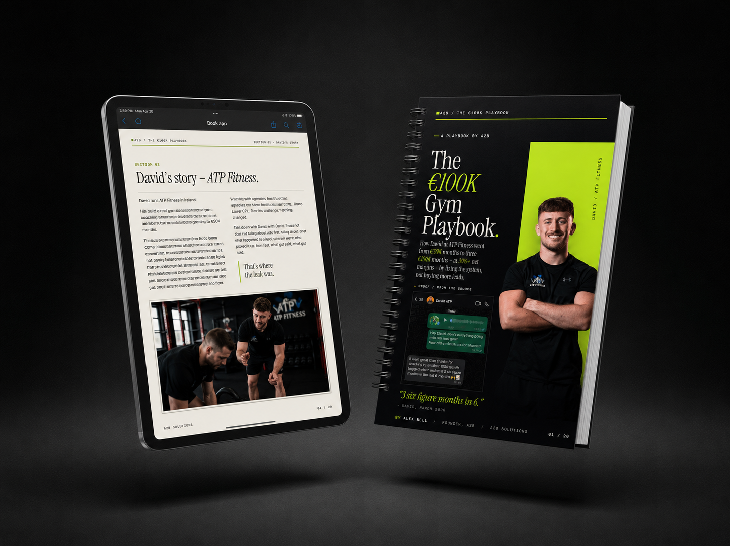 The 100K Gym Playbook - tablet and book mockup